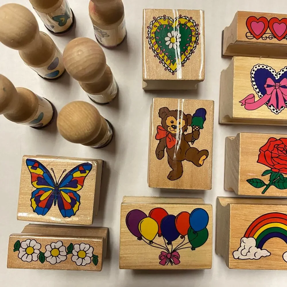 Bundle Lot of 15 Vintage Wood Stamps Heart Balloon Rainbow Butterfly Flower Bear